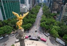 An aerial view of the Angel of Independence monument on Reforma Avenue in Mexico City, looking down the tree-lined boulevard surrounded by tall city buildings.