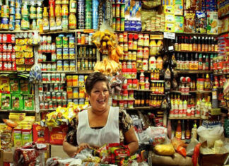 A Mexican middle-aged woman with a warm smile stands behind a counter laden with colorful packaged goods in her small, traditional Mexican grocery store. Shelves packed tightly with a wide variety of canned goods, bottles, and boxes rise behind her create a vibrant, somewhat cluttered backdrop. She wears a white apron dress over her sundress to protect it.