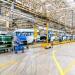 Chassis and machinery inside a car factory